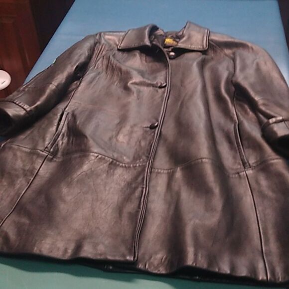 Vintage Reed Women's Black Leather Lg-XL? Swing Three Button Soft Roll cuffCoat - Picture 1 of 13